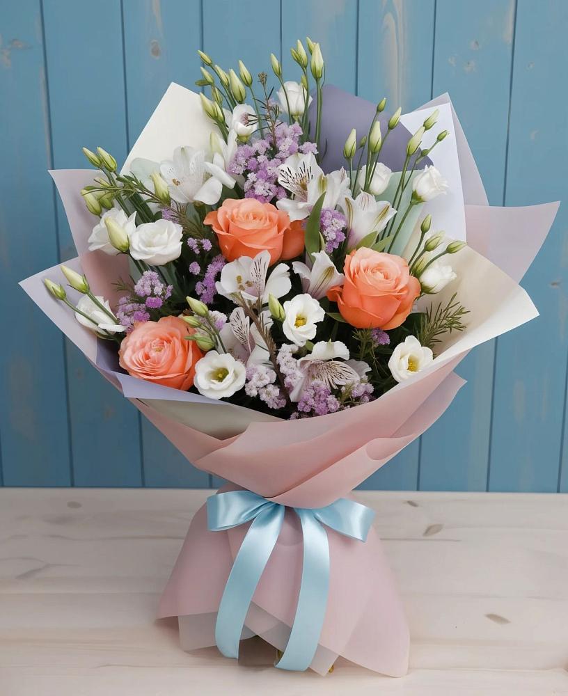 Букет цветов из: Лизиантусы, Розы, Альстромерии и Гипсофила в Феодосии